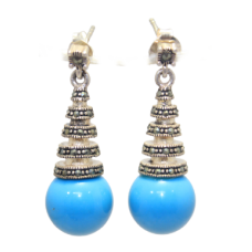 Earrings Silver 925 Sterling Dangle Drop Women Turquoise marcasite Stone B726